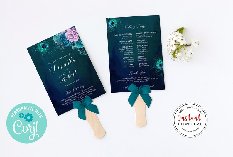 May include: Wedding fan set with peacock feather and floral design. The fans feature the names "Samantha and Robert" and wedding details. Each fan has a teal bow and wooden handle.