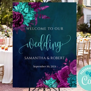 Magenta Teal Welcome Sign, Dark Fuchsia Sign,Teal Magenta Welcome,Welcome Reception Sign,Bridal Wedding Welcome,Welcome Wedding Decor C-088m