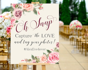 Oh Snap Hashtag Wedding Instagram Sign Peach Pink Blush Floral Peonies Boho Digital Wedding Sign Bohemian Wedding Fun Hashtag Poster WS-032