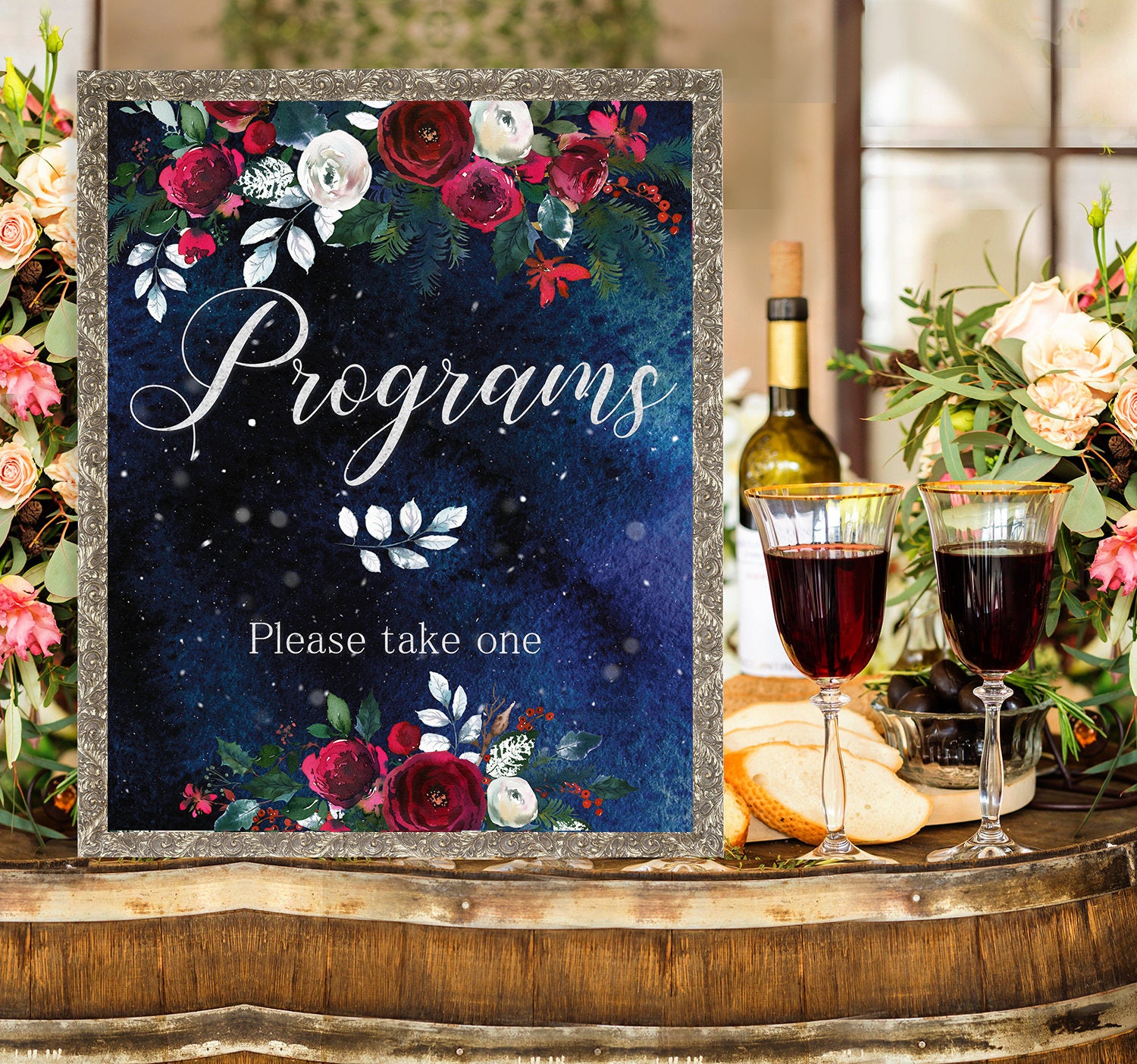 Winter Program Sign Programs Wedding Sign Christmas Winter New Year Snow White Red Burgundy ...