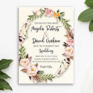 Printable Wedding Invitation, Peach Blush Floral invitation, Boho Wedding Invitation, Watercolor Invitation, Bohemian Wedding Invite WS-004 画像 2