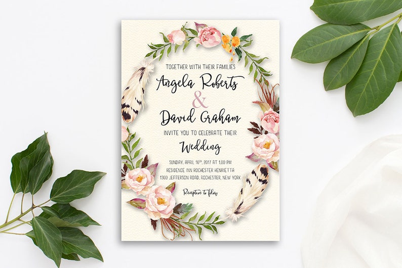 Printable Wedding Invitation, Peach Blush Floral invitation, Boho Wedding Invitation, Watercolor Invitation, Bohemian Wedding Invite WS-004 画像 2
