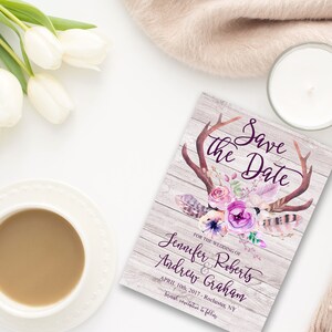 Printable Rustic Bohemian Save the Date Floral Wedding Pink Watercolor flowers Floral Deer Antlers Boho Save the Date Invite WS-006