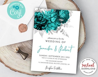 Teal Silver Wedding Invitation Suite, Teal Invitation Suite Template, Editable Teal Silver Invite, Wedding Bridal Shower,Bridal Invite C-077