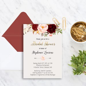 Bridal Shower Invitation, Printable Bridal Shower Invite, Floral Marsala Burgundy Invitation, Bohemian Bridal Shower Invitation WS-012