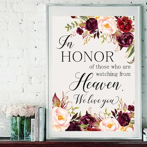 In Honor Of Those Who Are Watching From Heaven, In Loving Memory Sign, Wedding Memory Sign, Memorial Sign,Burgundy Wedding Sign 8x10  WS-024