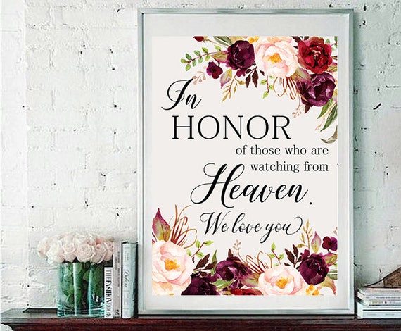 In Honor Of Those Who Are Watching From Heaven, In Loving Memory Sign, Wedding Memory Sign, Memorial Sign,Burgundy Wedding Sign 8x10  WS-024