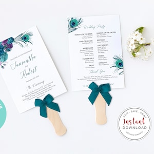 Wedding Program Template, Peacock Program, Peacock Wedding, Wedding Program Fan, Printable Ceremony, Ceremony Program, DIY Program, C-076tp