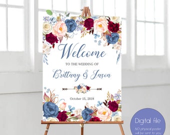 Welcome Sign, Wedding Welcome Sign, Blue Blush Burgundy Floral Sign, Reception Sign, Welcome Decoration,Bridal Decoration, Welcome WS-059