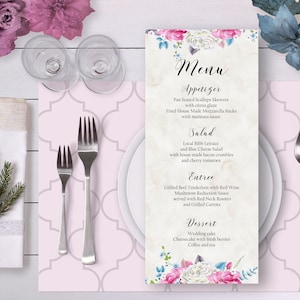 Floral Wedding Menu Pink Blue White Watercolor Roses Digital Printable Wedding Boho Long Menu Card Bohemian Food Bridal Wedding - WS009
