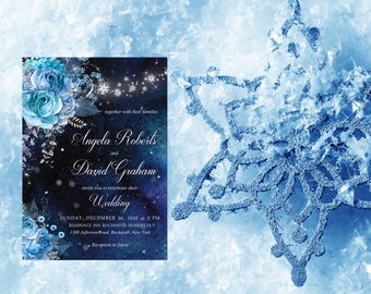 Winter Christmas Wedding Invitation, Blue Silver Frozen Invite, Frozen Roses, Snowflakes Winter Invitation, Bridal Wedding Invite WS-070