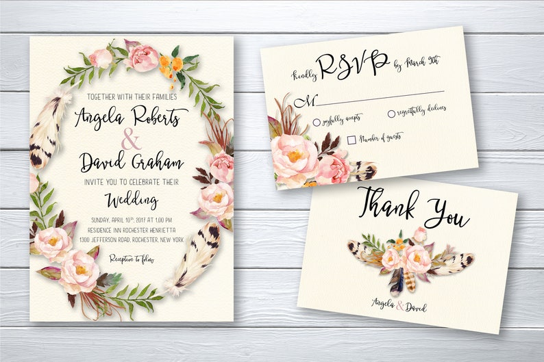 Printable Wedding Invitation, Peach Blush Floral invitation, Boho Wedding Invitation, Watercolor Invitation, Bohemian Wedding Invite WS-004 画像 1