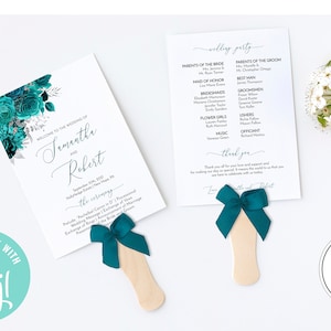 Modern Wedding Program Template, Printable Ceremony, Teal Wedding Program, Program Fan, DIY Program Card, Printable Program, Teal Fan C-072