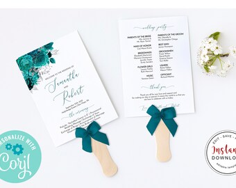 Modern Wedding Program Template, Printable Ceremony, Teal Wedding Program, Program Fan, DIY Program Card, Printable Program, Teal Fan C-072