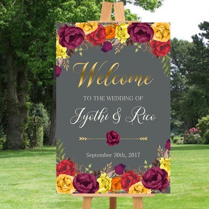 Wedding Welcome Sign Fall Marsala Burgundy Floral Fall Boho Digital Wedding Reception Sign Fall Bridal Wedding Welcome Poster WS-027 image 2