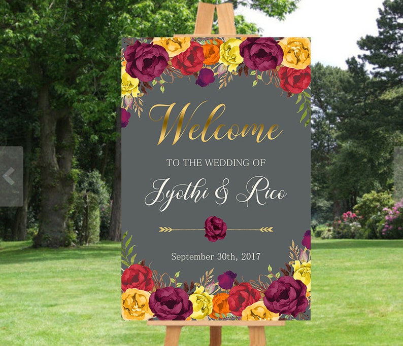 Wedding Welcome Sign Fall Marsala Burgundy Floral Fall Boho Digital Wedding Reception Sign Fall Bridal Wedding Welcome Poster WS-027 image 2