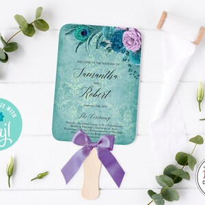 May include: A teal wedding fan featuring a peacock feather and floral design. The fan includes the names Samantha and Robert, and the text "The Ceremony". A purple ribbon is tied to the wooden handle. The fan is a printable template.