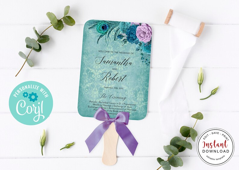 May include: A teal wedding fan featuring a peacock feather and floral design. The fan includes the names Samantha and Robert, and the text "The Ceremony". A purple ribbon is tied to the wooden handle. The fan is a printable template.