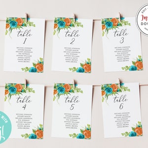 May include: Six printable table number cards with floral designs. Each card features a teal and orange floral arrangement with greenery and the word "table" written in cursive followed by a number from 1 to 6.