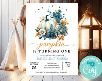 Little Pumpkin First Birthday, Boy 1st Birthday, Pumpkin Birthday Invitation, Invitation Template, Little Pumpkin Invite, Boy Birthday B-002