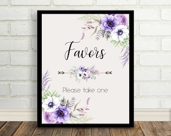 Favors Wedding Sign Digital Floral Purple, Anemone Flowers, Ranunculus, Wedding Printable Bridal Decor Poster Sign 8x10 - WS-043