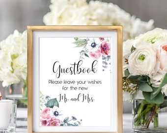 Guestbook Wedding Sign Digital Floral Pink Hellebore,White Anemones, Ranunculus, Wedding Printable Bridal Decor Poster Sign 8x10 - WS-042