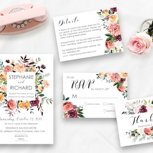 Autumn Wedding Invitation Suite, Printable Floral Digital Wedding, Burgundy Peach Orange Romantic Invitation, Bohemian Wedding Invite WS-040