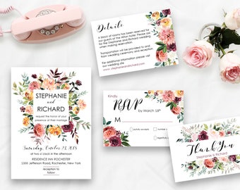 Autumn Wedding Invitation Suite, Printable Floral Digital Wedding, Burgundy Peach Orange Romantic Invitation, Bohemian Wedding Invite WS-040