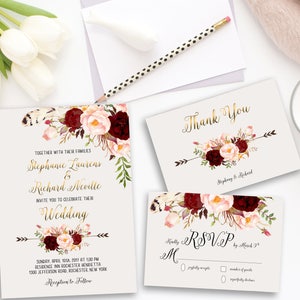 Wedding Invitation Suite, Printable Floral Invitation, Digital Wedding Invitation, Marsala Burgundy, Bohemian Wedding Invitation WS-013 image 2