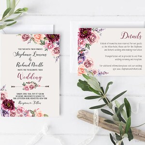 Wedding Invitation Suite Printable Floral Digital Wedding Marsala Burgundy Vintage Romantic  Invitation Bohemian Wedding Invite WS-030b