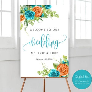 Welcome Wedding Sign, Teal and Orange Sign, Teal and Orange Welcome Sign, Wedding Decoration, Wedding Welcome, Bridal Decor WS-061 teal ora