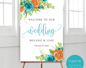 Welcome Wedding Sign, Teal and Orange Sign, Teal and Orange Welcome Sign, Wedding Decoration, Wedding Welcome, Bridal Decor WS-061 teal ora