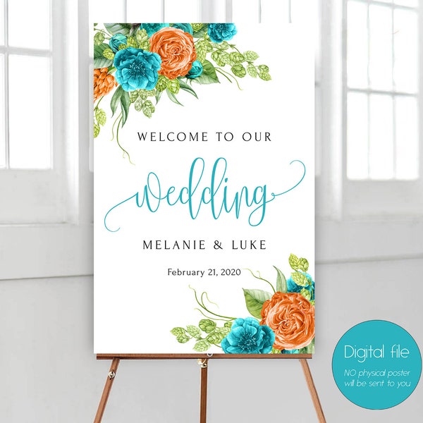 Welcome Wedding Sign, Teal and Orange Sign, Teal and Orange Welcome Sign, Wedding Decoration, Wedding Welcome, Bridal Decor WS-061 teal ora