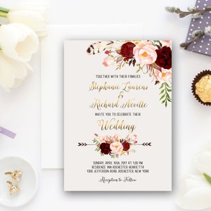 Wedding Invitation Suite, Printable Floral Invitation, Digital Wedding Invitation, Marsala Burgundy, Bohemian Wedding Invitation WS-013 image 5