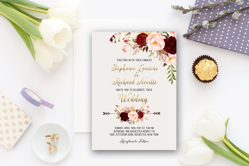 Wedding Invitation Suite, Printable Floral Invitation, Digital Wedding Invitation, Marsala Burgundy, Bohemian Wedding Invitation WS-013 image 5