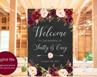 Wedding Welcome Sign Black Chalkboard Marsala Burgundy Floral Boho Rustic Digital Reception Sign Bridal Wedding Welcome Poster WS-024