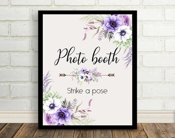 Photo booth Wedding Sign Digital Floral Purple, Anemone Flowers, Ranunculus, Wedding Printable Bridal Decor Poster Sign 8x10 - WS-043
