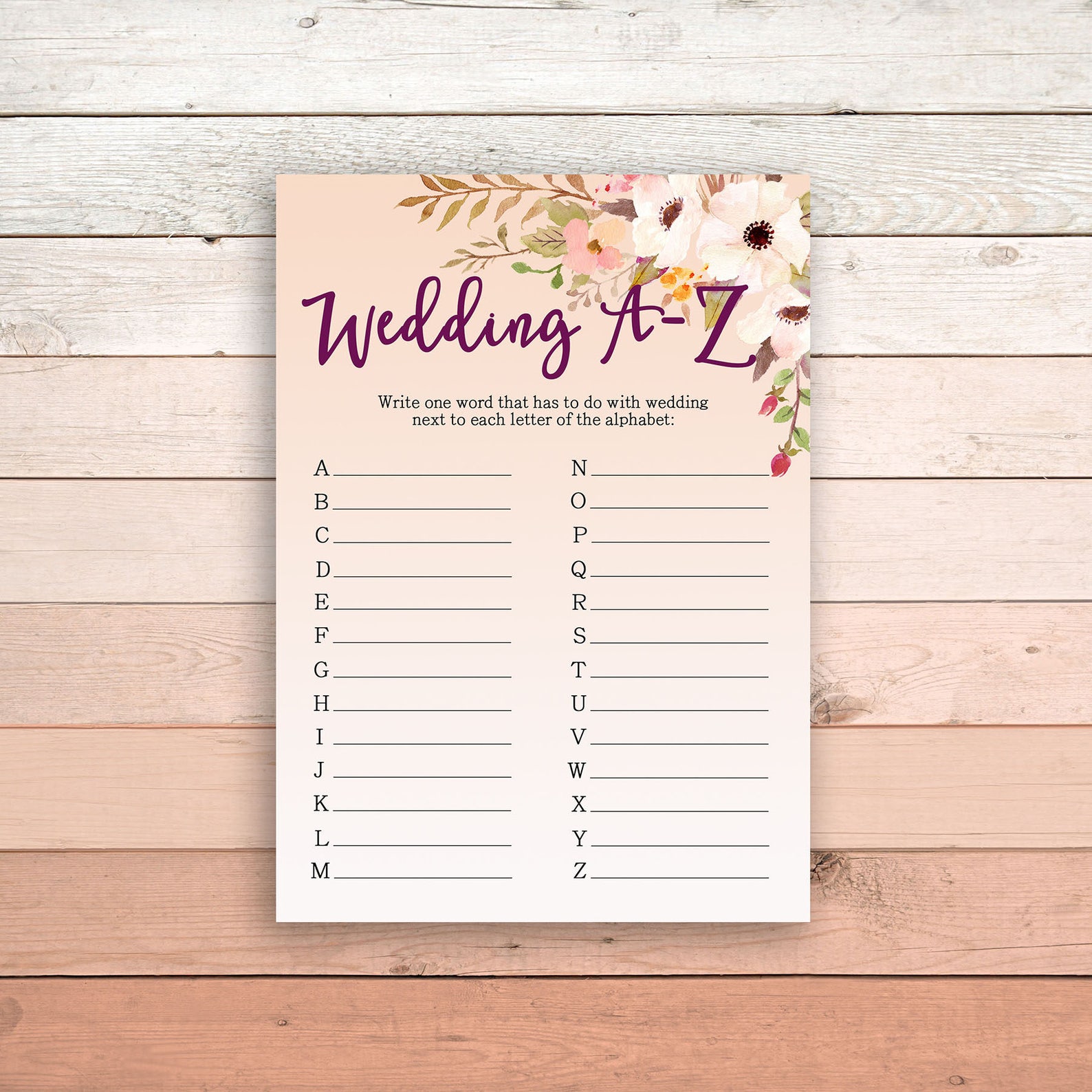 Wedding A-Z Bridal Shower Printable Game Boho White Flowers - Etsy