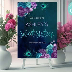 Birthday Welcome Sign, Sweet Sixteen Sign, Sweet Sixteen Template, Editable welcome sign,Peacok Sweet Sixteen, Peacock Birthday Sign C-076tp