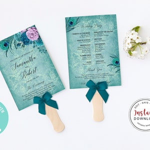 May include: Two teal wedding fans with peacock feather and floral designs. The fans have wooden handles and teal bows. Text includes names, date, and wedding party details. A floral accent and a logo are also visible.