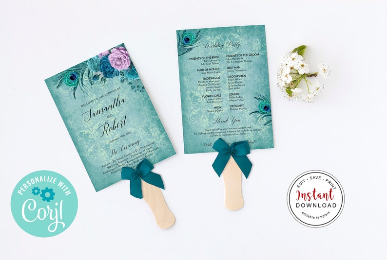 May include: Two teal wedding fans with peacock feather and floral designs. The fans have wooden handles and teal bows. Text includes names, date, and wedding party details. A floral accent and a logo are also visible.