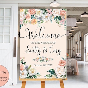 Wedding Welcome Sign White Blush Peach Flowers Floral Boho Digital Wedding Reception Sign Bridal Wedding Welcome Poster WS-034