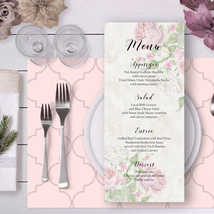 Floral Wedding Menu Blush Rose Gold Watercolor Roses Digital Printable Wedding Boho Long Menu Card Bohemian Food Bridal Wedding - WS010