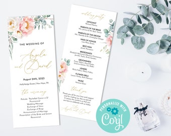 Wedding Program Template, Greenery Wedding Program Template, Editable Wedding Program, Greenery Faux Gold, Order of Service - PETRA