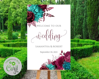 Welcome Sign, Teal Burgundy Sign, Teal Burgundy Welcome, Welcome Wedding Reception Sign, Bridal Wedding Welcome, Welcome Wedding Decor C-088