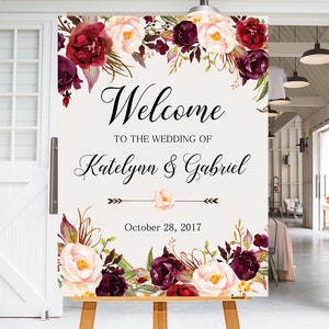 Welcome Wedding Sign,Wedding decoration,Burgundy peonies,Wedding Reception Sign,Bridal Wedding Welcome Poster,Welcome wedding sign WS-024 image 8