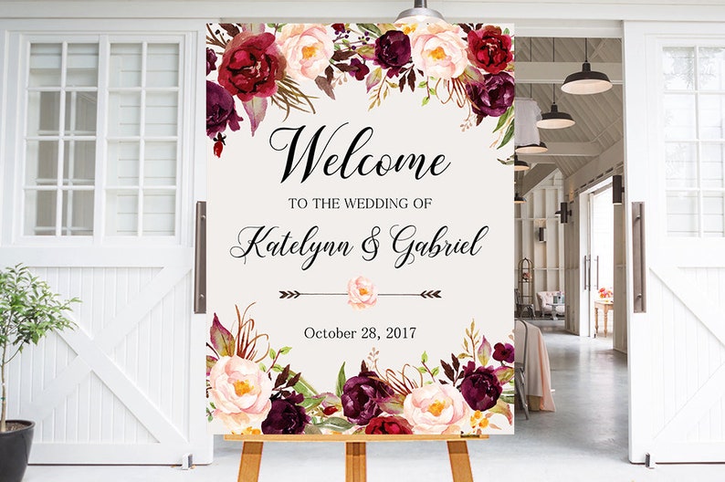 Welcome Wedding Sign,Wedding decoration,Burgundy peonies,Wedding Reception Sign,Bridal Wedding Welcome Poster,Welcome wedding sign WS-024 image 8