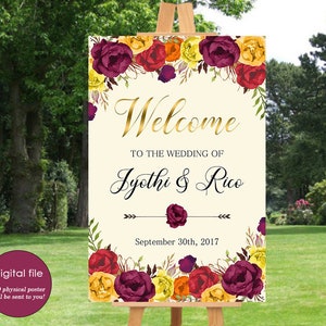 Wedding Welcome Sign Fall Marsala Burgundy Floral Fall Boho Digital Wedding Reception Sign Fall Bridal Wedding Welcome Poster WS-027 image 1