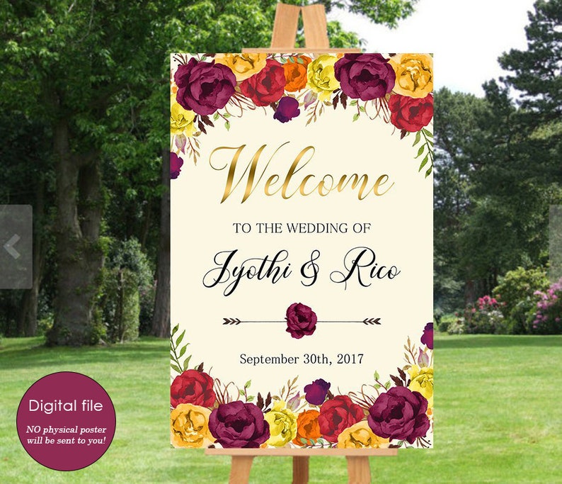 Wedding Welcome Sign Fall Marsala Burgundy Floral Fall Boho Digital Wedding Reception Sign Fall Bridal Wedding Welcome Poster WS-027 image 1