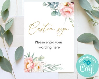 Blush Peonies Wedding Sign, Greenery Custom Sign Template, Editable Table Sign Template, Eucalyptus Printable Sign, Printable Sign - PETRA